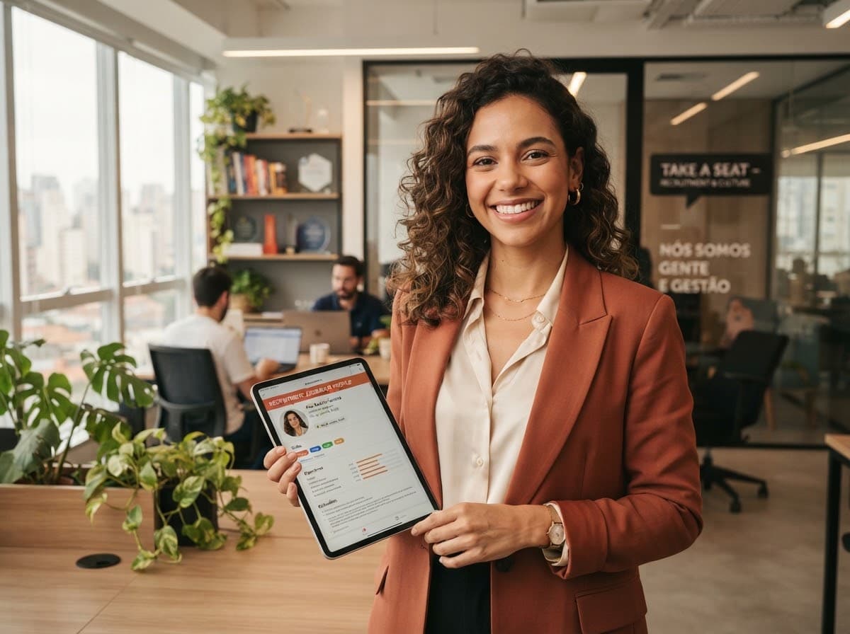 Recrutadora brasileira revisando o perfil de um candidato no tablet