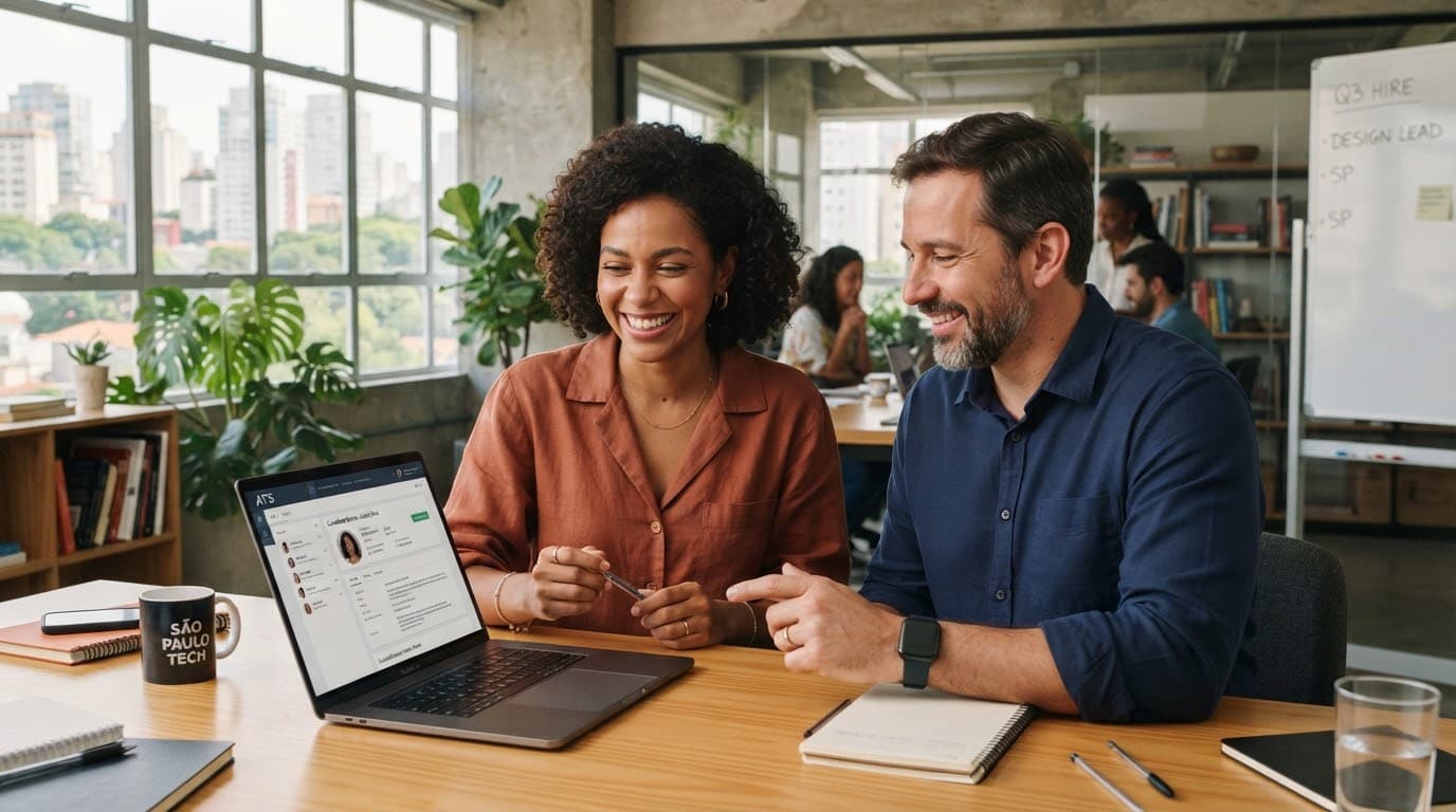 Equipe brasileira revisando candidatos juntos em um estúdio criativo